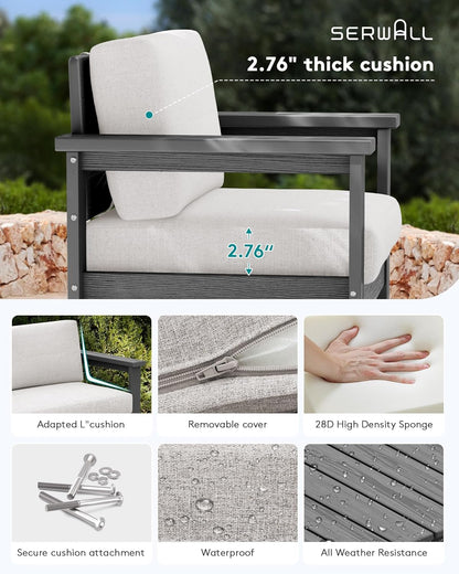 SERWALL 5 Pieces HDPE Outdoor Sofa Set with Cushions, All Weather Use Patio Conversation Couch Loveseat Furniture with Coffee Table for Balcony, Deck, Poolside, Grey Frame with Khaki Cushions