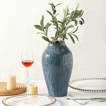 Blue Ceramic Vase for Home Decor,11.6 Inch Flower Vase，Decorative Vases for Pampas Grass，Modern Art Texture Vases for Home Entryway Living Room Dining Table Farmhouse Office Decor-Blue