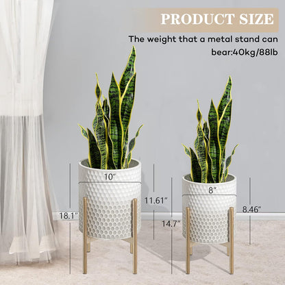 Oakrain Mid Century Planters for Indoor Plants, Set of 2, Modern Decorative Metal Pots for Living Room, Office, Garden or Balcony, Gray and White Gradient Planter with Stand, 8 inch&10 inch