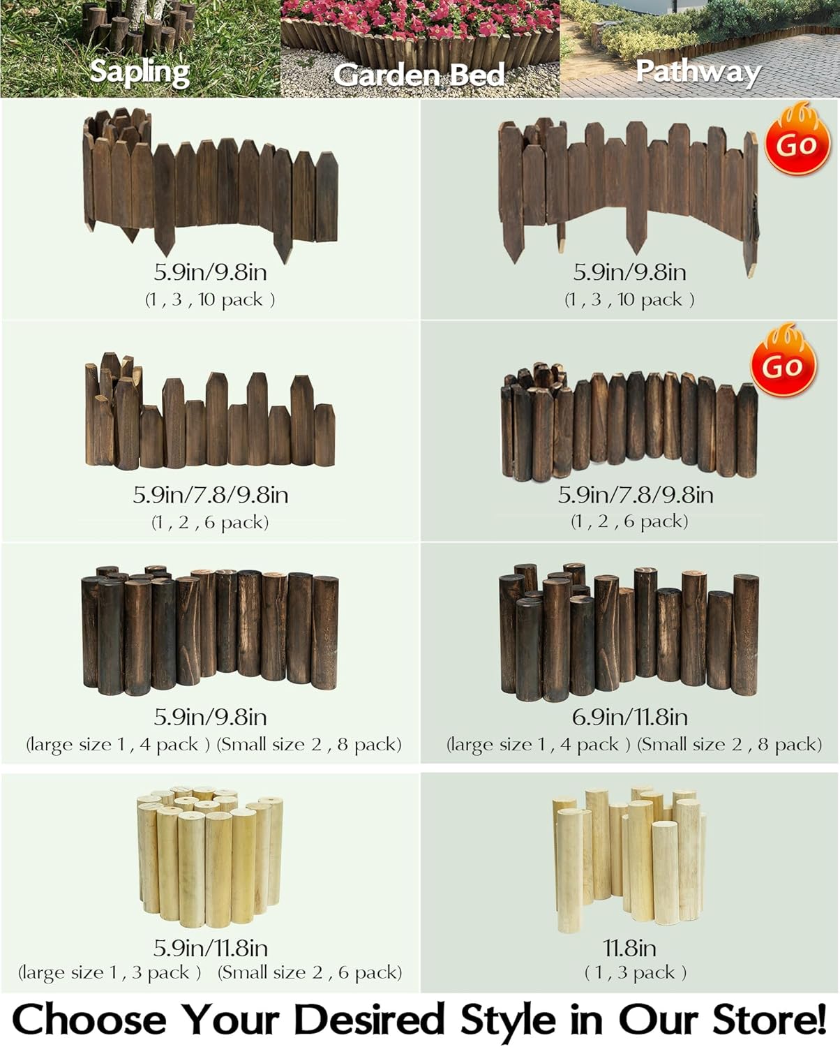 Wood Garden Edging, Staggered Wooden Fence Border Decorative Small Picket Panels for Gardens and Landscaping (2PACK)