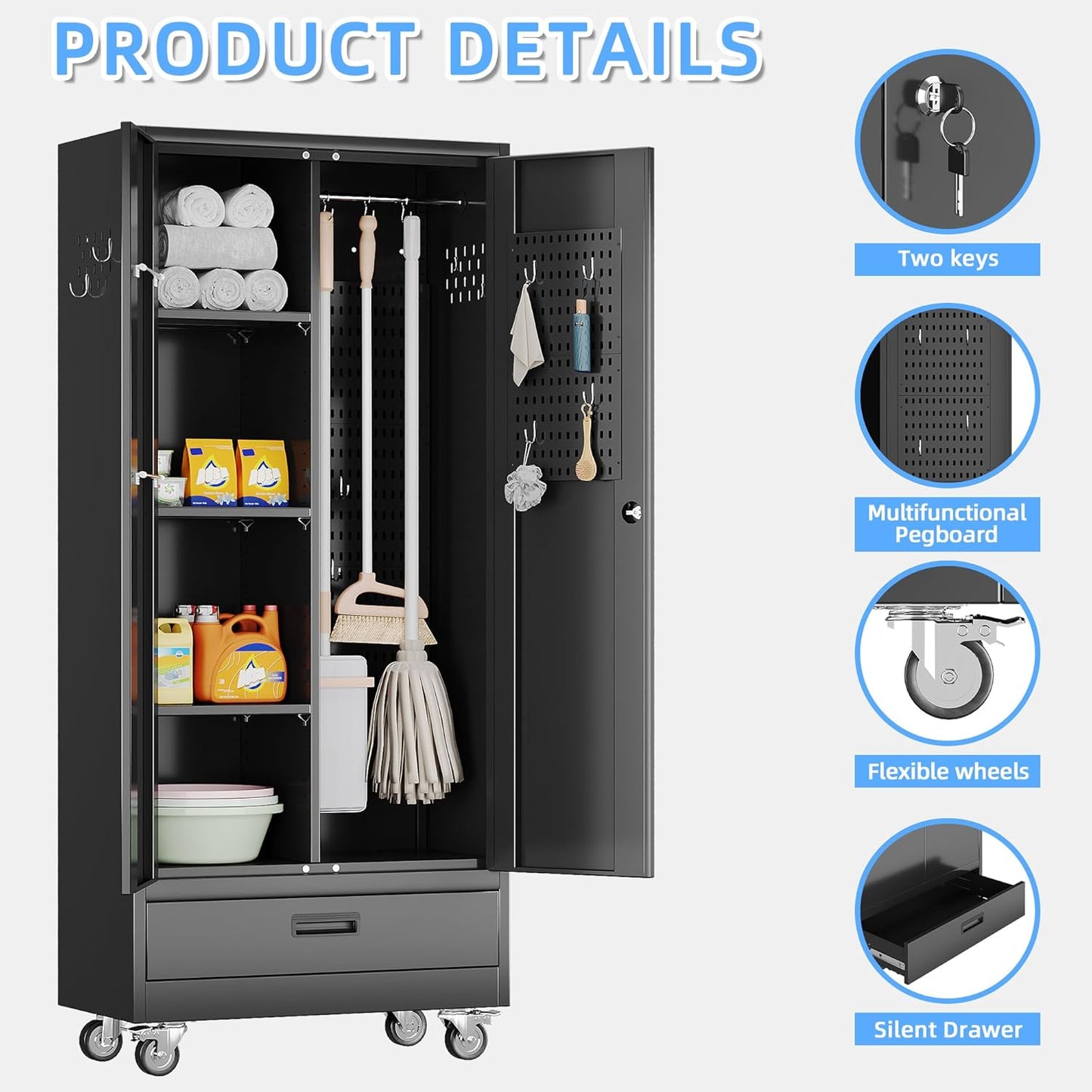 31.5 in Wide Garage Storage Cabinet with Wheels, Metal Storage Cabinet with 1 Drawer and 3 Adjustable Shelves for Home Offices, Gyms and Pantries, Black