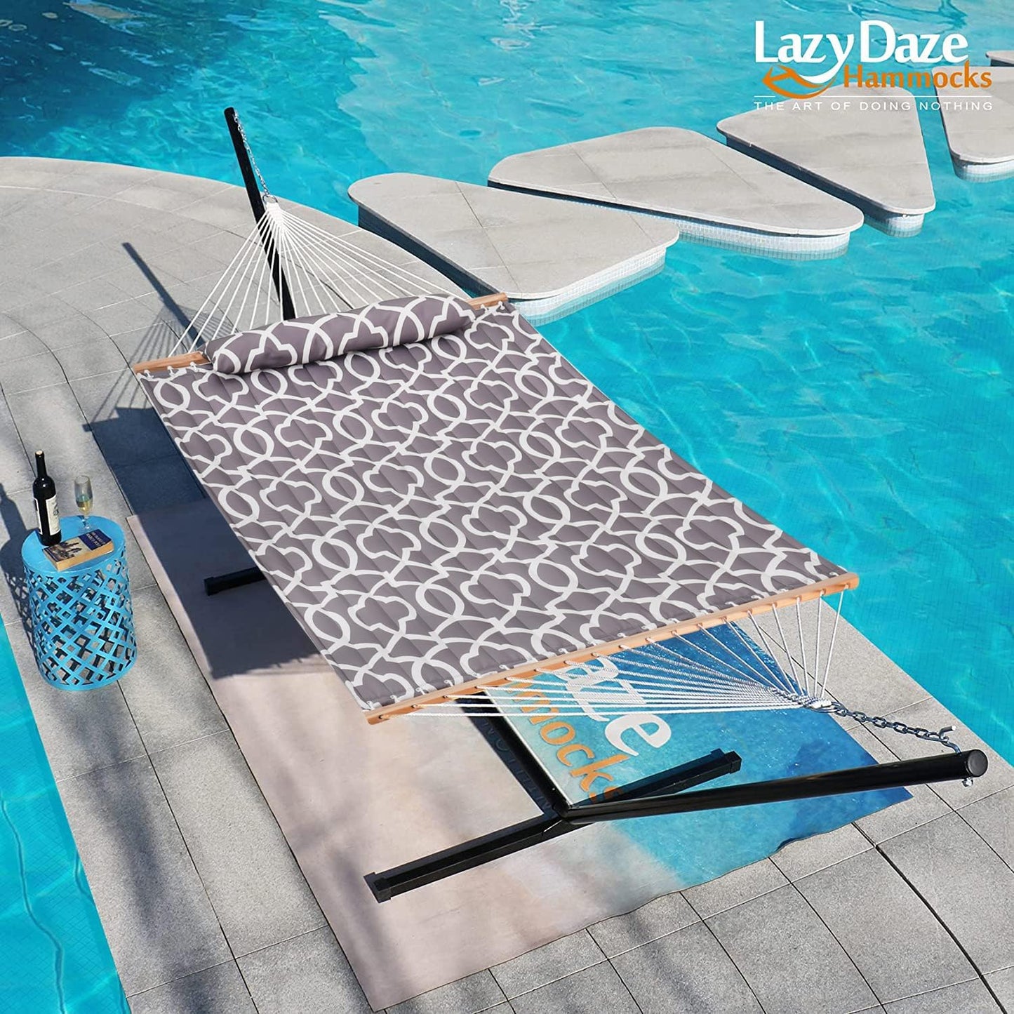 Lazy Daze Hammocks 12FT Quilted Fabric Hammock with Pillow, Double 2 Person Hammock with Spreader Bar for Outdoor Outside Patio Garden Yard HMQF-001GF