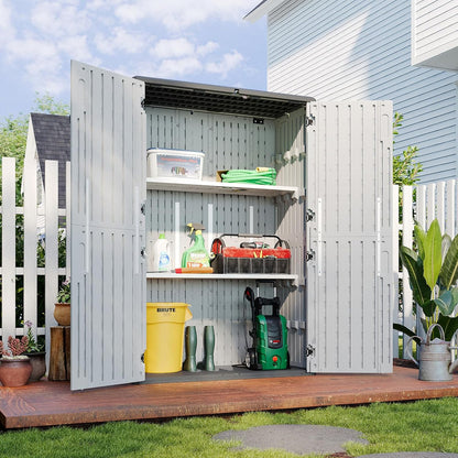 Aoxun White Resin Outdoor Storage Shed with 2 Shelves & Floor, 64 Cu.Ft Vertical Waterproof Cabinet for Garage, Pool, Bike, Garden Tools, Patio Furniture