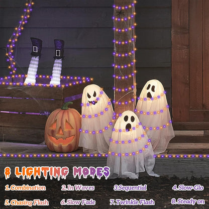 QITONG 4 Pack Orange and Purple Solar Fairy Lights, Each 33ft 100 LED Halloween Lights Outdoor Waterproof, 8 Modes Copper Wire Solar String Lights