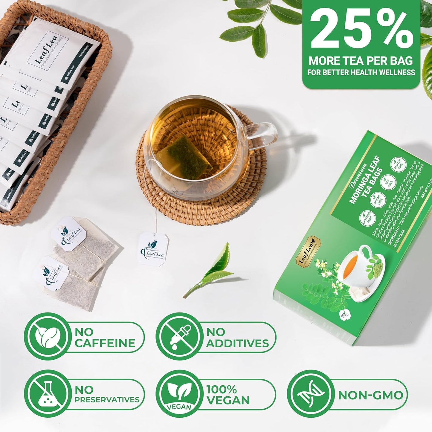 LeafLea 80 Moringa Tea Bags, Premium Moringa Leaf Herbal Tea for Digestive Support and Daily Wellness, Made from Natural Leaves, Caffeine-Free, Non-GMO, Sugar-Free