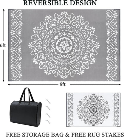 Pauwer Waterproof Outdoor Rug 6x9, Reversible Plastic Straw Patio Camping Rug, Indoor Outdoor RV Mat Carpet for Deck, Camper, Porch, Balcony, Backyard, Picnic, Floral Grey
