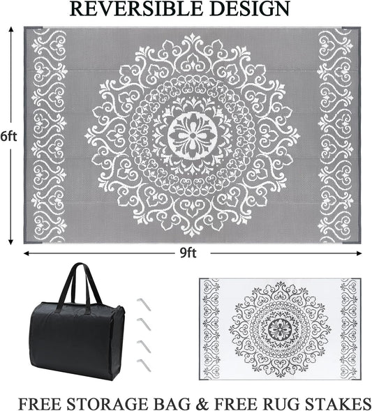 Pauwer Waterproof Outdoor Rug 6x9, Reversible Plastic Straw Patio Camping Rug, Indoor Outdoor RV Mat Carpet for Deck, Camper, Porch, Balcony, Backyard, Picnic, Floral Grey