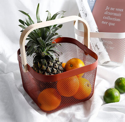 Metal Mesh Steel Basket, Storage Organizer Basket Multi-functional Hanging Kitchen Baskets Fruit Basket Bin with Bamboo Handle for Kitchen Bathroom Picnic Shopping Decor Cabinet Home, Red