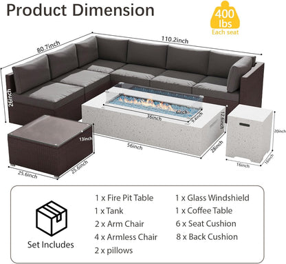 8 Piece Patio Furniture Set - Outdoor Conversation Sets with 56" Fire Table and Coffee Table, Rattan Modular Sofa Set for Garden/Poolside, Grey/Brown