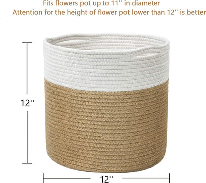 TIMEYARD Jute Rope Plant Basket Large Modern Woven Basket for 11'' Flower Pot Floor Indoor Planters, 12''x12'' Storage Baskets Rustic Home Decor White and Jute