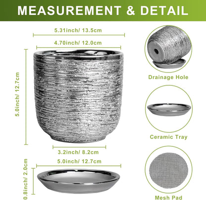 Ceramic Plant Pot 5 Inch - Indoor Planter with Drainage Hole and Saucer, Round Modern Flower Pot for Succulent Plants, Housewarming Gifts, Office Home Desk Decor, Silver