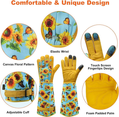 DLY Gardening Gloves for Women, Rose Gloves Gardening Thorn Proof, Long Garden Gloves for Women, Breathable Cowhide Leather Gauntlet (Small, Blue