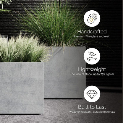 Reglito Cube Planter – Fiberglass Indoor/Outdoor and Weather-Resistant Large Planter (Sand Stone, 27.6" L x 27.6" W x 28.1" H)