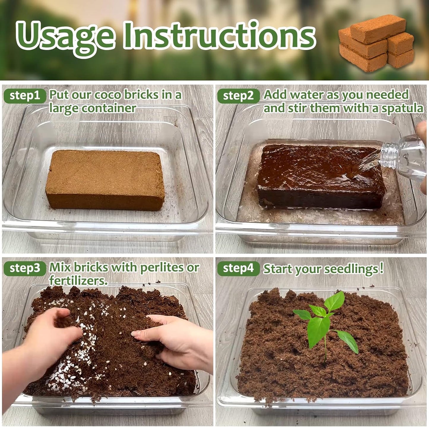 Riare 4pcs Organic Coco Coir Bricks Soil Blocks- 100% Natural Compressed Coco Peat Brick Coconut Fiber Substrate with Low EC& pH Balance, High Expansion Coco Coir Pith Coconut Husk for Garden