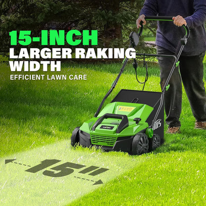 SOYUS 15-Inch 13-Amp Electric Dethatcher and Scarifier with 45L Removable Thath Collection Bag, Corded Lawn Dethatcher with 5-Position Depth Adjustment, Quick-Fold, Increases Lawn Health