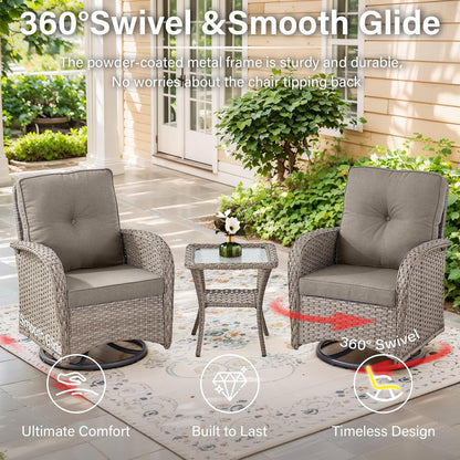 Expansive 10 Pieces Outdoor Patio Furniture Set with 43” Propane Fire Pit Table, Patio Conversation Set with Swivel Rocker Outdoor Chairs Set of 4 and Sofa, Ottoman and Wicker Side Table Gray