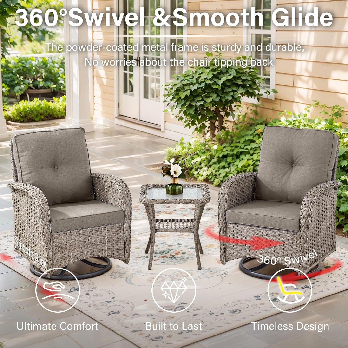 5 Piece Outdoor Patio Furniture Set with Deep Seating Swivel Rocker Chairs Loveseat and Rattan Coffee Table Outdoor Conversation Sets for Deck Backyard Poolside,Gray Wicker Gray Cushion