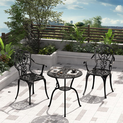 Patio Bistro Set of 2, Cast Aluminum, Outdoor Set w/Umbrella Hole, 3 Piece Table and Chairs Set, Bistro Set for Backyard/Garden/Lawn, Black