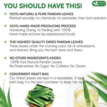FreshDrinkUS, Premium 2oz Natural Pandan Leaves Dried, 100% Pure Dried Pandan Leaves, Pandan Leaf Tea, No Additives, No Caffeine, Vegan (2 oz Dried Leaves)
