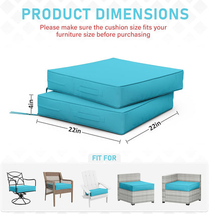 Patio Chair Cushions 22 X 22 X 4 Inch Waterproof Outdoor Seat Cushions for Patio Furniture, Outdoor Sofa Couch Pads with Ties & Handle, Set of 2, Lake Blue