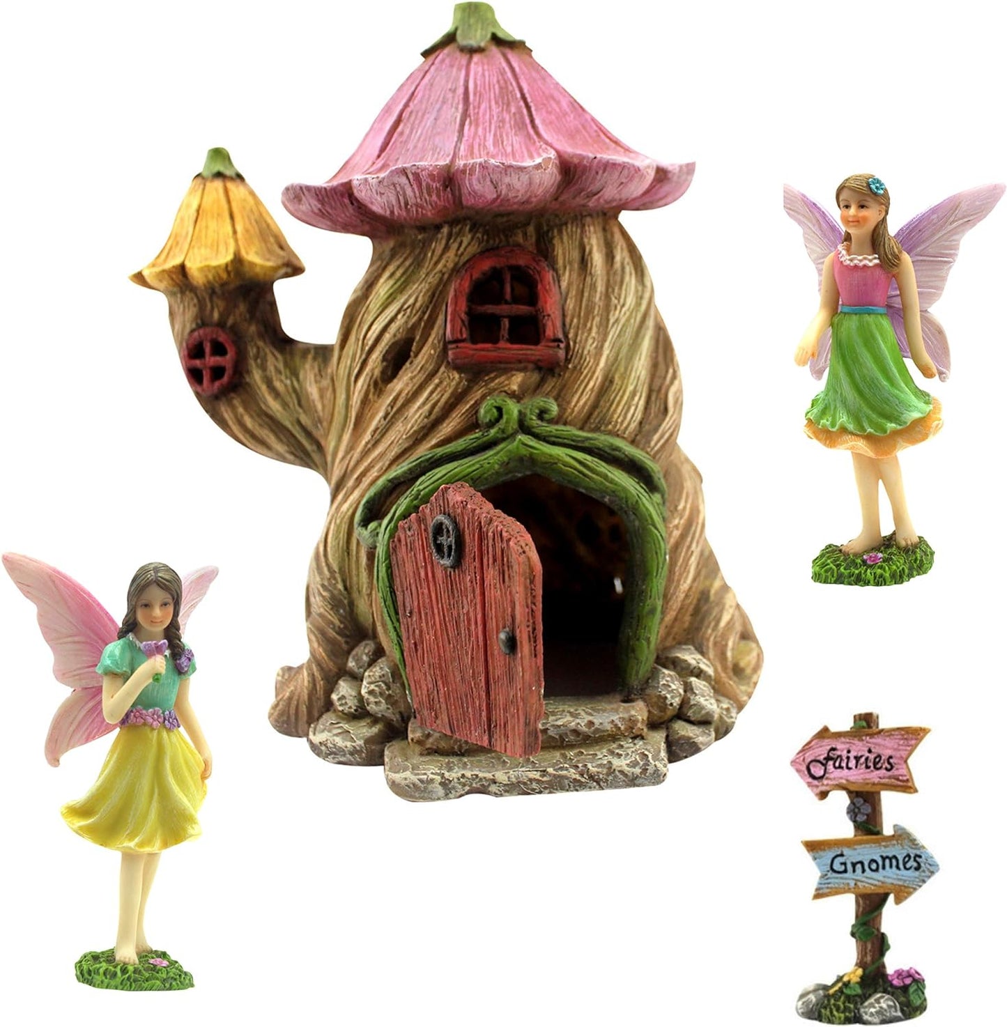 PRETMANNS Fairy House Kit - Fairy Garden Accessories for Outdoor Miniature Village Decor, with Fairies & Sign - House, 7 ‘ High & Door can Open Wide - 4 Piece Supplies