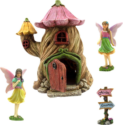 PRETMANNS Fairy House Kit - Fairy Garden Accessories for Outdoor Miniature Village Decor, with Fairies & Sign - House, 7 ‘ High & Door can Open Wide - 4 Piece Supplies