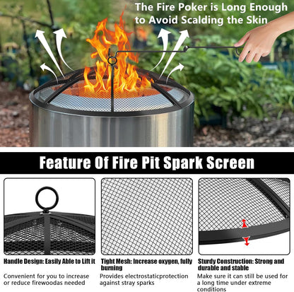 Fire Pit Spark Screen, Fire Pit Screen 24 Inch Round with Handle & Poker, Collapsible Heavy Duty Mesh Fire Pit Cover Fire Pit Lid for Outdoor/Patio/Backyard/RV Camping/Beach
