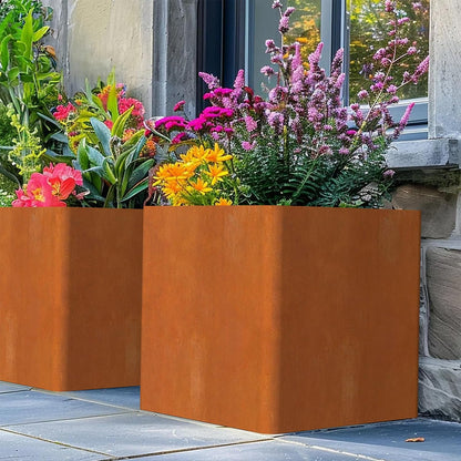 Corten Steel Planter Box 24"x24"x25", Large Square Metal Planter Indoor&Outdoor, Large Cube Planters with Drainage Hole for Porch/Patio/Garden