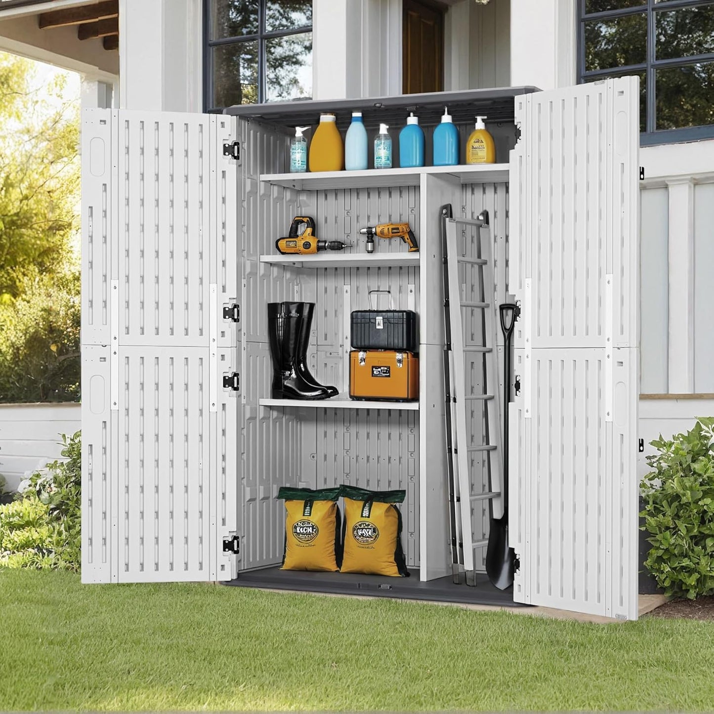 Macrout 50 Cu.Ft Plastic Outdoor Storage Cabinet with Shelves, 4.3 x 2.5 ft Waterproof Resin Outdoor Storage Shed with Floor, Lockable Vertical Shed for Garden and Patio