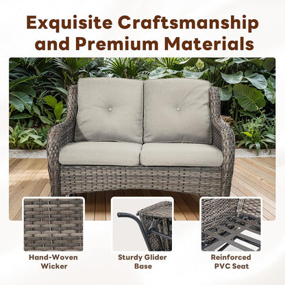 Spacious Outdoor Glider Bench - 500 LBS Weight Capacity Small Loveseat, 2 Seater Patio Gliders Furniture All Weather Wicker Couch with Removable Cushion for Deck Sunroom Balcony Backyard