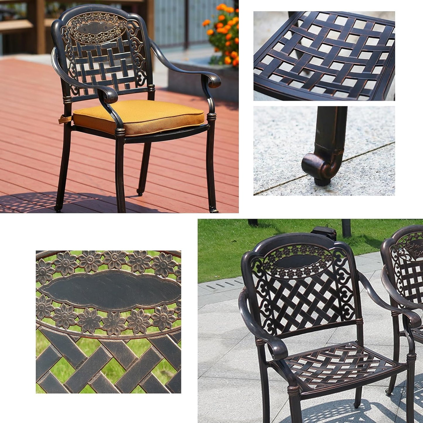 Outdoor Dining Chair Cast Aluminum Patio Chairs Set of 2 All-Weather Patio Dining Chair with Adjustable Feet for Backyard Garden (Square Lattice Chair)