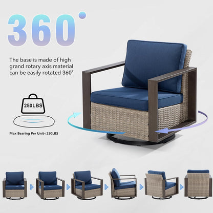 Outdoor Swivel Rocker Metal Chairs Set of 2 with Small Coffee Table - 3 Pieces Patio Bistro Set with Rectangular Framed Wood-Looking Metal Armrest, 360 Degree Glider Chairs, Dark Blue