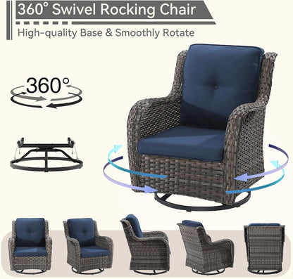 2 Pieces Outdoor Swivel Rocker Patio Chairs Set - Outdoor Wicker Patio Conversation Sets with 1 Side Table, Olefin Fabric Cushions Suitable for Backyard Deck and Porch, Blue