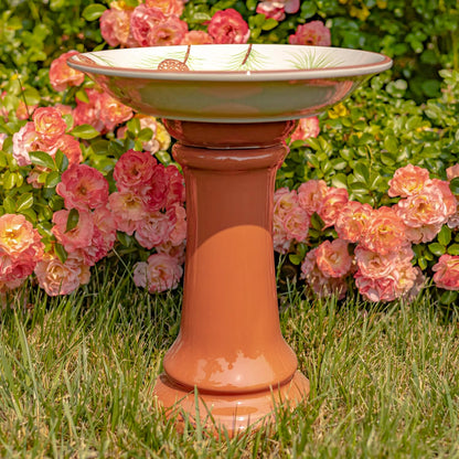 Zaer Ltd. Porcelain Birdbath with Hand Painted Details (15" Tall, Finch Birds & Pine Tree)