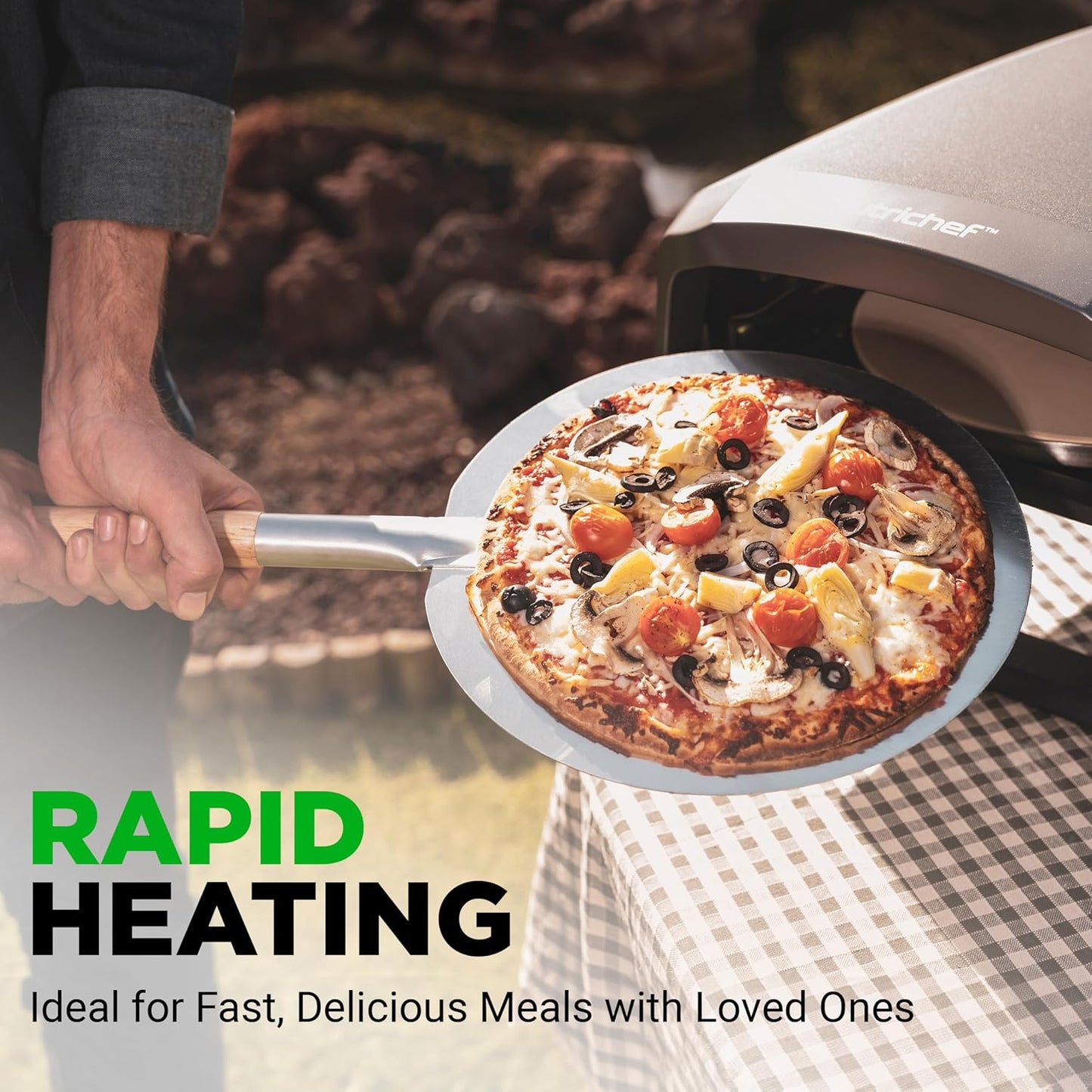 Nutrichef Outdoor Pizza Oven - Manual 360° Rotating Pizza Stone - Adjustable Heat - Includes Pizza Peel, Pizza Cutter, Stone, Cover, & Hose - Cook 12" Pizza in 60 Seconds - Long Handle