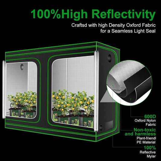 MELONFARM 4x8 Grow Tent, 96"x48"x80" High Reflective 600D Diamond Mylar Canvas with Observation Window and Floor Tray for Hydroponic Indoor Plant Growing
