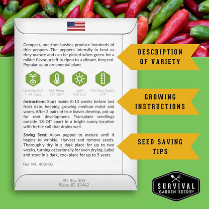 Thai Chili Pepper Seeds for Planting | Heirloom Bird’s Eye Hot Variety – Non-GMO Seeds for Spicy Cooking & Containers – Survival Garden Seeds (2 Packs)