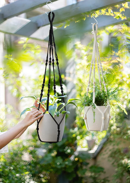 Macrame Plant Hanger Indoor Hanging with Wood Beads Macrame Planters No Tassel for Indoor Outdoor Boho Home Decor 35 Inch (Black,2pcs)