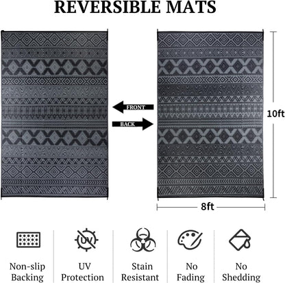 8'x10' Reversible Outdoor Rug - Eco-Friendly Plastic Straw Rug-Heavy-Duty Waterproof Mat, UV & Fade Resistant for Patio, Camping, RV, Deck, Balcony(8x10,Black&Gray)