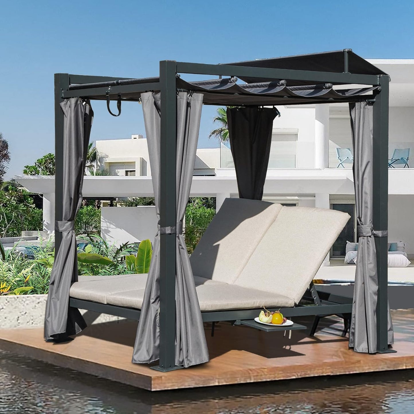 Domi Aluminum Outdoor Patio Daybed with Retractable Canopy Bed, Double Chaise Lounge Outdoor Grey Curtain with Beige Cushion & Cup Holder, for Outside Pool,Garden,Backyard,Lawn