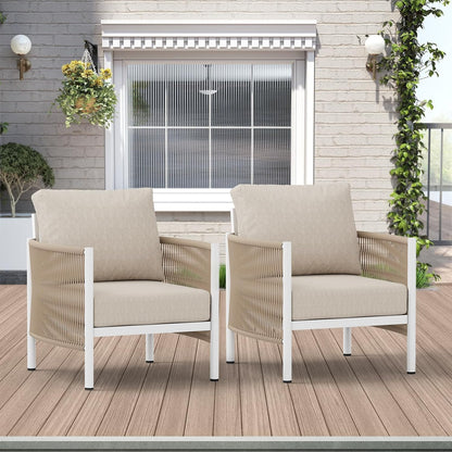 Aluminum Outdoor Sofa Armchair, HDPE Rope Patio Couch with Washable Thick Cushion, All-Weather Outdoor Patio Chairs Set of 2 for Balcony, Yard, Silver Frame, Beige