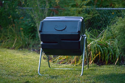 FCMP Outdoor 37 Gallon 1 Piece Plastic Single Chamber Roto Tumbling Composter Outdoor Elevated Rotating Garden Compost Bin, Black