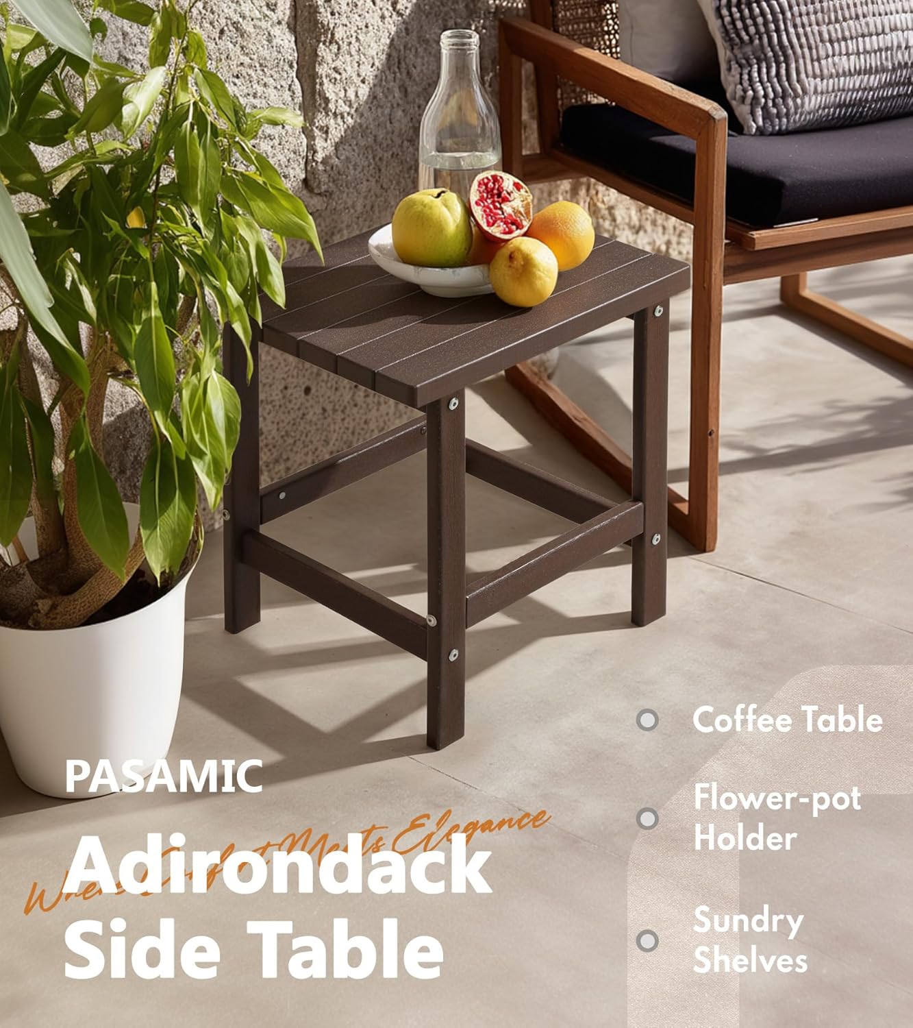 PASAMIC Adirondack Square Side Table, HDPE Outdoor Side Tables, Weather Resistant End Table for Patio, Backyard, Pool, Indoor Companion, Beach, Easy Maintenance (Brown)
