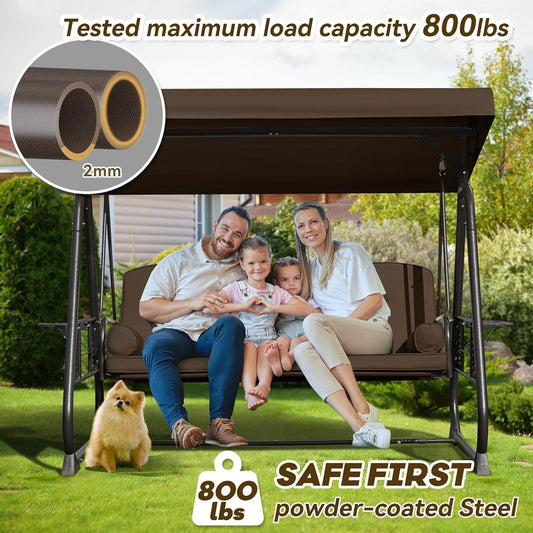 3 in 1 Outdoor Porch Swing with Adjustable Canopy, 3 Seat Outdoor Swing for Adults, Patio Swing Chair with Thickened Cushions,Pillows & Cup Holders for Backyard, Porch, Garden (Brown)