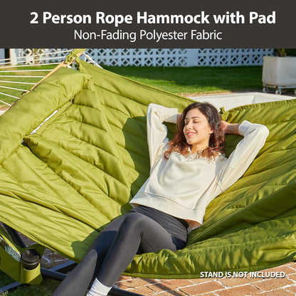 Outdoor Double Hammock with Hardwood Spreader Bars, Large Rope Hammock with Polyester Pad and Pillow, 475 LBS Capacity for 2 Person Patio Backyard Poolside - Green