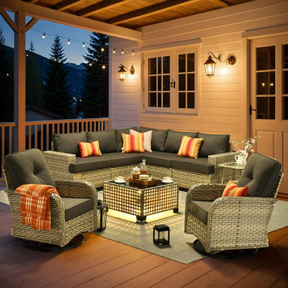 HOOOWOOO Outdoor Sectional Patio Furniture Set,9 Pieces Wicker Conversation Sets L Shaped Couch,Extra Deep Out Door Sofa Outside Furniture with Rocking Chairs,Black
