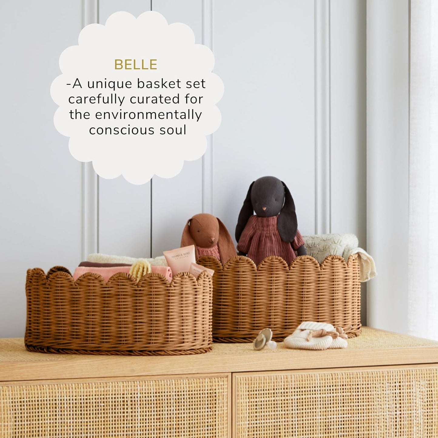 BEBE BASK Premium Scalloped Basket Set Of 2 - Scallop Basket - 16 x 10 x 7 Inch - Hand-Woven Elegant Wicker With Scalloped Edge - Nursery Storage (Mocca)
