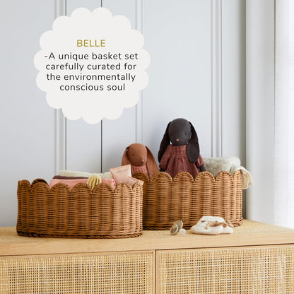 BEBE BASK Premium Scalloped Basket Set Of 2 - Scallop Basket - 16 x 10 x 7 Inch - Hand-Woven Elegant Wicker With Scalloped Edge - Nursery Storage (Mocca)