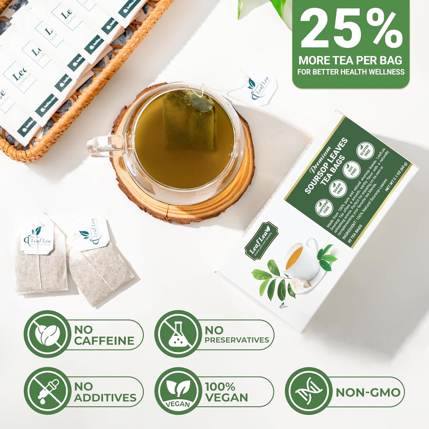 LeafLea 160 Premium Soursop Tea Bags, Natural & Pure Sour sop Graviola Tea Leave, Hoja Guanabana Leaf Herbal Tea Bags Variety Pack of 4, Digestive Support, Nutrient-Rich, Vegan, Sugar/Caffeine Free