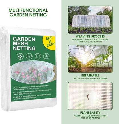Garden Mesh Netting Kit - 8x24 Ft Ultra Fine Mesh Netting with 6 Sets Garden Hoops & 12 Clips, Bird Protection for Fruit, Vegetable, Flowers & Animals, Greenhouse Cover
